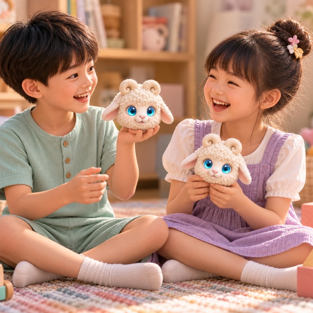 孩子与咩咩羊一起玩耍